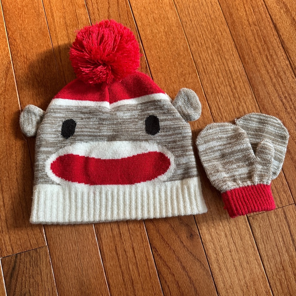 Sock Monkey Knit Hat and Mittens Set - Red and Brown